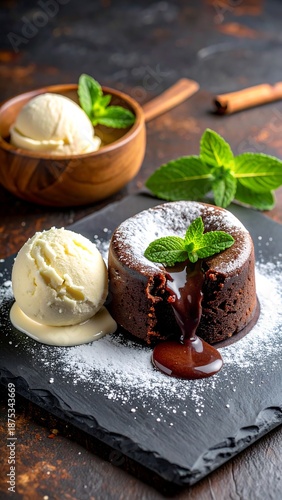 Warm, gooey chocolate lava cake with vanilla ice cream, mint garnish on a slate plate against a dark textured backdrop
