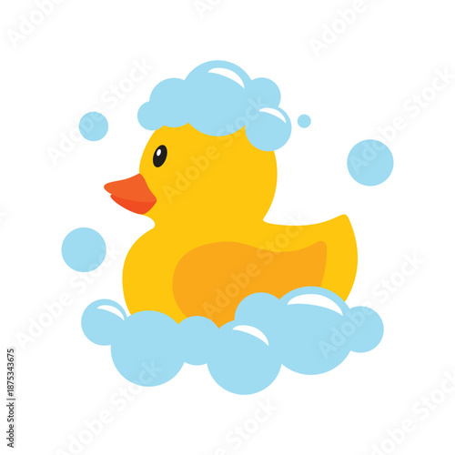 Yellow cute rubber duck toy in soap foam bubbles, isolated on white background. Bath toy for little kids, children cartoon style.