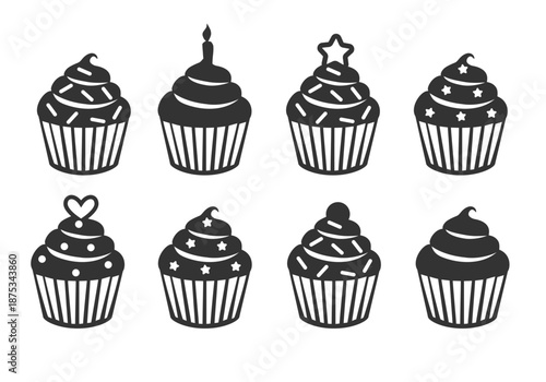 Cupcake Silhouettes with Toppings for Birthday and Celebration Designs. Stylized Black and White Cupcakes Different Toppings. Sweet Delights. Vector Icon Collection
