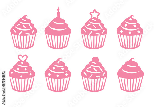 Cupcake Silhouettes with Toppings for Birthday and Celebration Designs. Stylized Pink Cupcakes Different Toppings. Sweet Delights. Vector Icon Collection