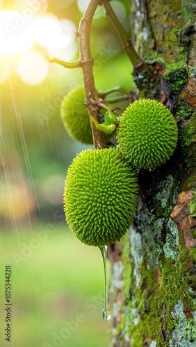 Green jackfruit clings to a tree trunk covered in moss, glistening in sunshine, and water droplets