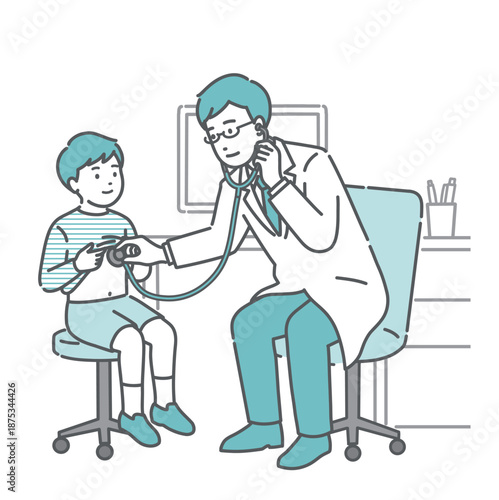 聴診器で男の子を診察する男性医師（白衣・小児科・子供）