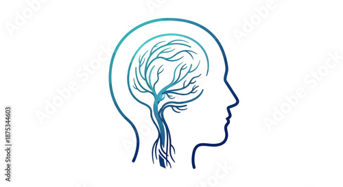 A stylized blue outline of a human head with a tree-like brain structure inside, symbolizing thought, growth, and neural connections.