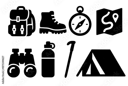 Adventure Icon Set. Wild Escape Adventure Tools icon set in silhouette bold style. Contain backpack, hiking boots, compass, map, binoculars, water bottle, walking stick, tent