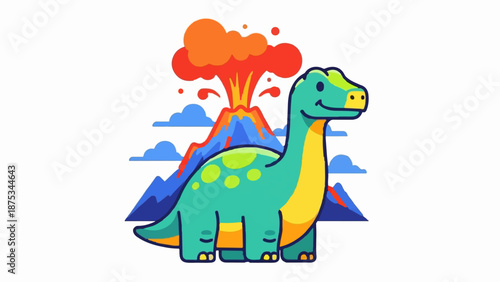 Cartoon dinosaur in front of a colorful erupting volcano with clouds