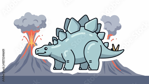 Cartoon dinosaur stands near two erupting volcanoes