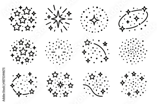 Star Clusters Icon Set. Star Clusters set in outline vector style: clustered stars, nebula spark, cosmic dust ring, orbit dots, constellation arc, stellar