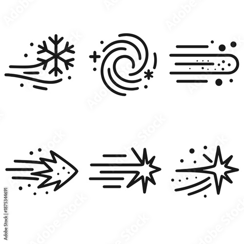 Frosty Kinetic Icons. Winter Glide Snow Kinetics set in outline vector style : kinetic frost loop, icy streak, cold momentum ring, drifting snow grain, brisk glide shard, frozen motion flare