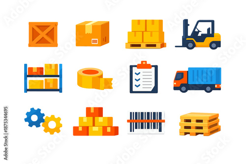Vibrant Warehouse Icons. Warehouse Storage vector set in modern flat style : crate, box, pallet, forklift, shelf, tape, label, clipboard, truck, gear, stack, barcode