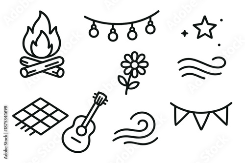 Festive Outdoor Icons. Outdoor Celebration set in outline vector style: bonfire glow, string lights, picnic cloth, meadow flower, night star, gentle breeze line, guitar shape, festive flag