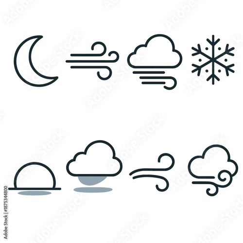 Cool Atmospheric Icons. Cool Atmospheric Mood set in outline vector style: pale moon, cool mist, crisp air swirl, blue-toned cloud, frost sparkle, soft shadow, twilight arc, quiet breeze