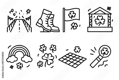 St. Patrick's Day Parade. St. Patrick’s Day Outdoor Atmosphere set in outline vector style: parade route, marching boots, fluttering flags, open-air stage,