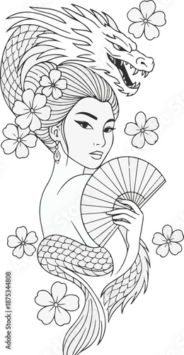 Elegant geisha with dragon hair and cherry blossoms holding a fan traditional Japanese art style perfect for cultural designs and tattoos