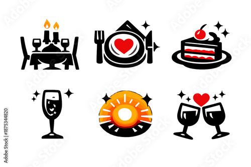 Brutalist Dinner Icons. Special dinner icon set in silhouette bold style. Contain candlelit table, celebration plate, dessert slice, sparkling drink, soft glow, romantic atmosphere