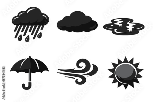 Brutalist Weather Icons. Melancholic weather icon set in silhouette bold style. Contain heavy rain, dark cloud, puddle reflection, umbrella, cold wind swirl, gray sun