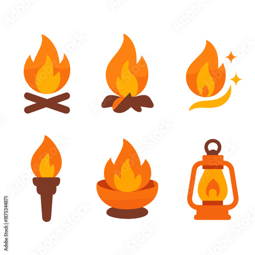 Minimal Ember Icons. Emberglow Fire Elements vector set in modern flat style : campfire, bonfire, ember, spark, torch, fire pit, candle flame, lantern