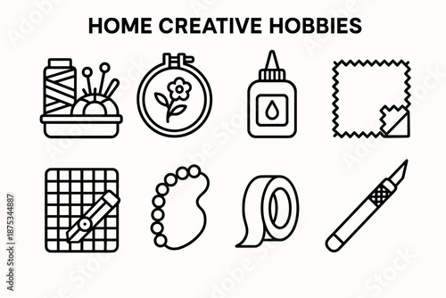 Crafting Essentials Icons. Home Creative Hobbies set in outline vector style: sewing kit, embroidery hoop, glue bottle, fabric swatch, paper cutter, bead strand, washi tape roll, craft knife
