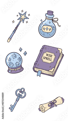 A collection of Kawaii Sticker magical items including a wand, crystal ball, and spellbook arranged on a white background