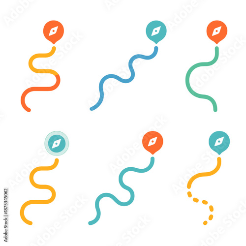 Vibrant Voyage Icons. Wandering Voyage vector set in modern flat style : meandering path, soft compass dot, drifting line, open-route arc, subtle navigation