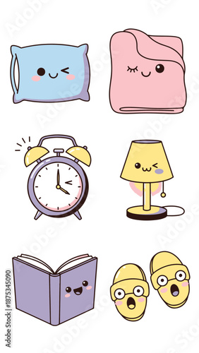 Cute Kawaii Sticker Collection Featuring Pillow Alarmclock and Book Illustrations