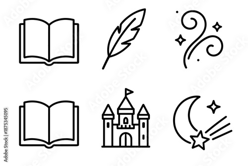 Magical Tale Icons. Imagination storytelling set in outline vector style: open book, quill, magic swirl, tiny castle, moon, shooting star