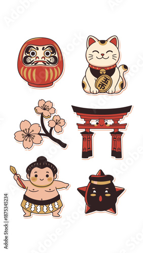 A collection of Kawaii Sticker designs featuring Japanese culture icons including a cat, torii gate, and sumo wrestler