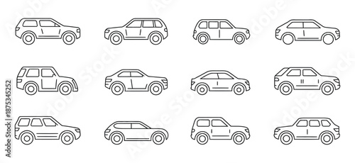 Simple Line Art Illustration of Various SUV Car Models in Multiple Views, Featuring Front, Side, and Rear Perspectives for Automotive Design