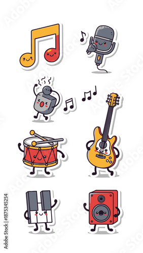 Kawaii Sticker collection of musical instruments and symbols displayed on a clean white background
