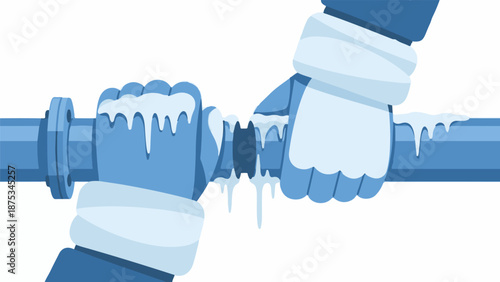 Cartoon of hands in thick gloves trying to fix a frozen pipe with icicles