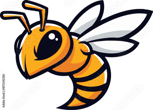 Cartoonish bee with large black eyes and yellow and black striped body