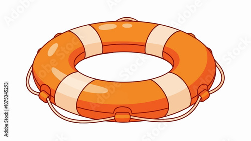 Cartoon orange life preserver with white bands and ropes, isolated on white