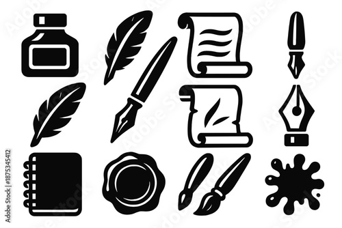 Bold Inkcraft Icons. Inkcraft icon set in silhouette bold style. Contain ink bottle, quill, parchment, calligraphy pen, feather, fountain pen, scroll, pen nib, notebook, wax seal, brush, ink splatter