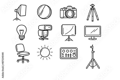 Studio Equipment Icons. Studio Lightingset in outline vector style softbox, reflector, camera, tripod, bulb, flash, diffuser, monitor, chair, glow, control panel, light stand
