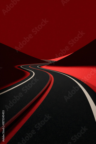 empty curved two lane road on dark gradient background, minimal asphalt roadway with dramatic red black backdrop, abstract winding highway perspective with copy space