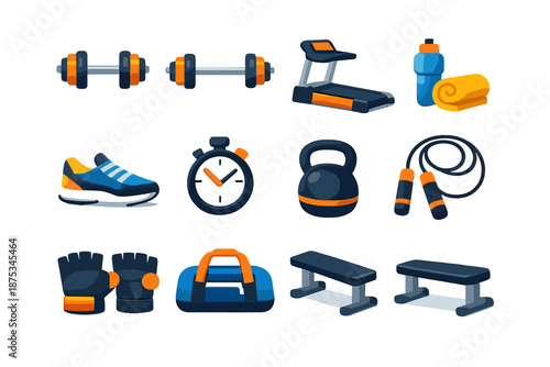 Vibrant Gym Icons. Gym Fitness vector set in modern flat style : dumbbell, barbell, treadmill, water bottle, towel, shoe, stopwatch, kettlebell, jump rope, gloves, gym bag, bench