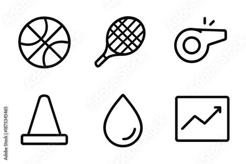 Sports Icon Set. Physical Activity sports set in outline vector style: ball icon, racket, whistle, goal marker, sweat droplet, performance chart