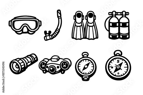 Underwater Exploration Icons. Underwater explorationset in outline vector style diving mask, snorkel, flippers, oxygen tank, underwater flashlight, submersible drone, depth gauge, navigation compass