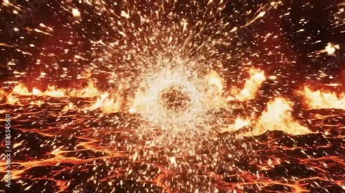 Explosion of fire and sparks in a volcanic eruption from a high viewpoint