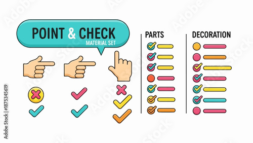 Cartoonish illustration of pointing hands, checkmarks, crosses, and list elements for task management