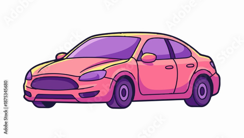Cartoonish pink and purple sedan with yellow accents