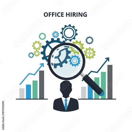 Office Hiring Concept: Magnifying Glass, Gears, Business Growth Charts, Silhouette Man