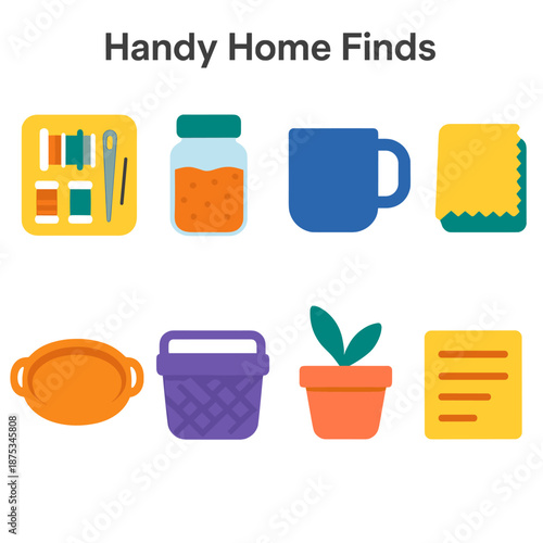 Colorful Home Essentials Icons. Handy Home Finds vector set in modern flat style : sewing kit, spice jar, sturdy mug, cleaning cloth, wooden tray, storage basket, small planter, recipe card