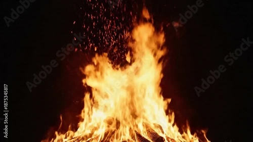 A bonfire burns brightly at night, emitting sparks into the dark surroundings