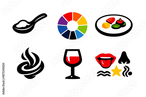 Brutalist Food Tasting Icons. Food tasting icon set in silhouette bold style. Contain tasting spoon, flavor wheel, small plate sample, aroma swirl, wine glass, sensory notes