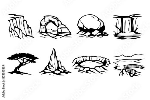 Nature Icons Collection. Natural landmarksset in outline vector style cliff face, canyon arch, giant boulder, waterfall, unique tree silhouette, rock spire, crater rim, scenic overlook