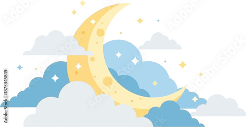 Cute cartoon illustration of a crescent moon with stars amidst fluffy clouds during night sky