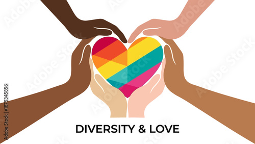 Global Diversity and Inclusion: Multiracial Hands Holding Rainbow Pride Heart Symbolizing Unity and Acceptance.