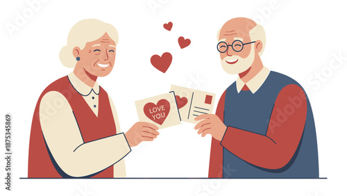 Smiling Senior Couple Exchanging "Love You" Postcards. Enduring Romance and Valentine's Day Flat Illustration.