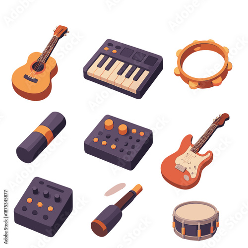 Isometric Musical Instruments. Evening Tune Musical Instruments set in isometric flat vector : acoustic guitar, keyboard, drum pad, tambourine, shaker, synth module, electric guitar, snare drum