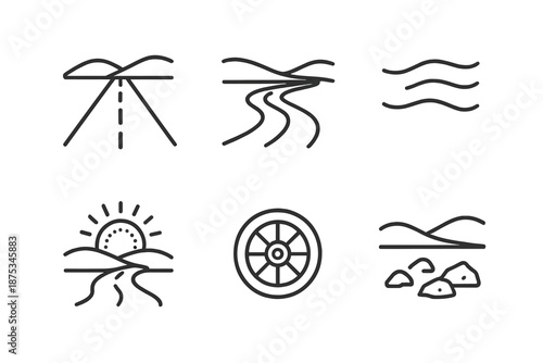 Endless Road Journey. Open Road Endless Route set in outline vector style : long road curve, horizon line, breeze streak, rolling wheel dot, travel arc, terrain stone